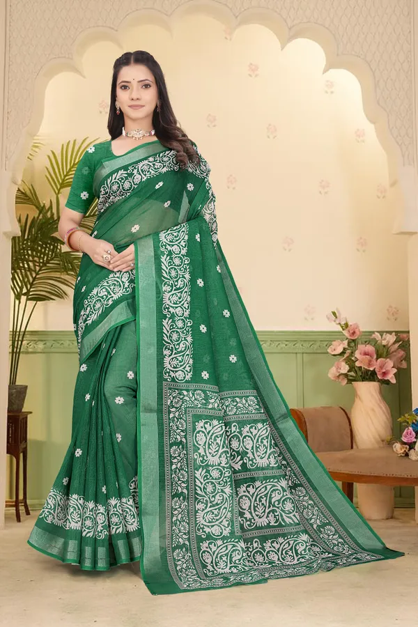 Dark_Green_Cotton_Linen_Digital_Print_Saree_For_Women