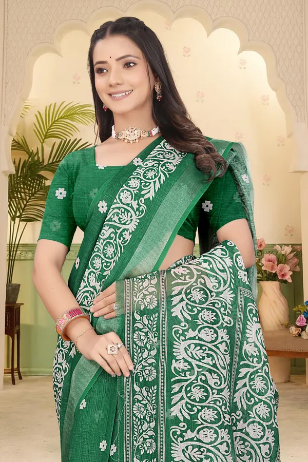 Dark_Green_Cotton_Linen_Digital_Print_Saree_For_Women