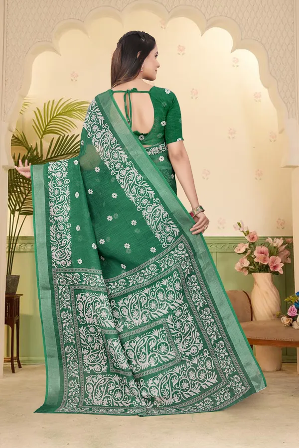 Dark_Green_Cotton_Linen_Digital_Print_Saree_For_Women