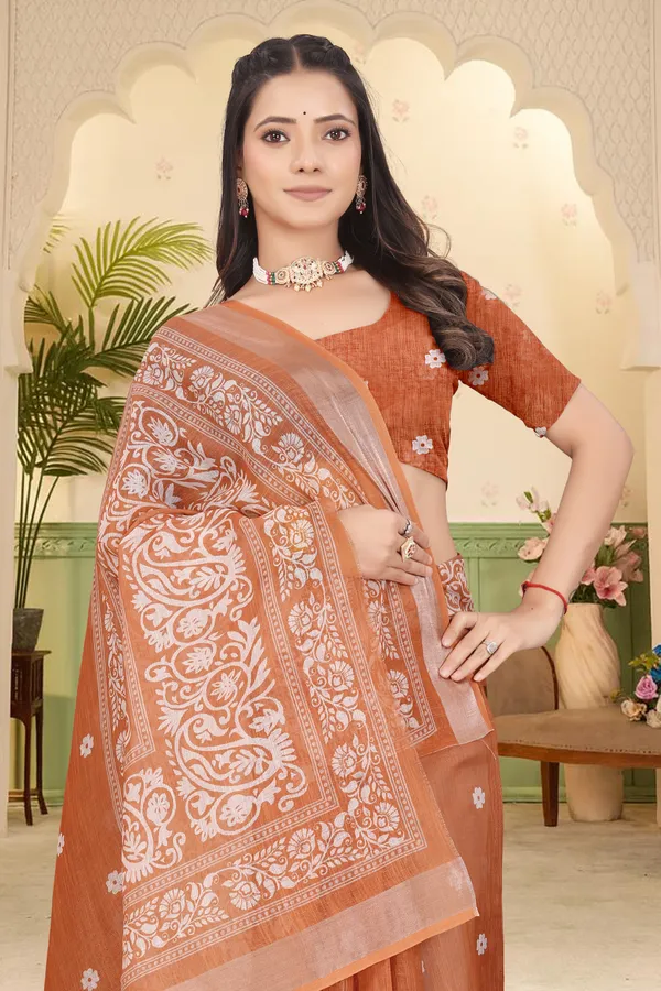 Orange_Cotton_Linen_Digital_Print_Saree_For_Women