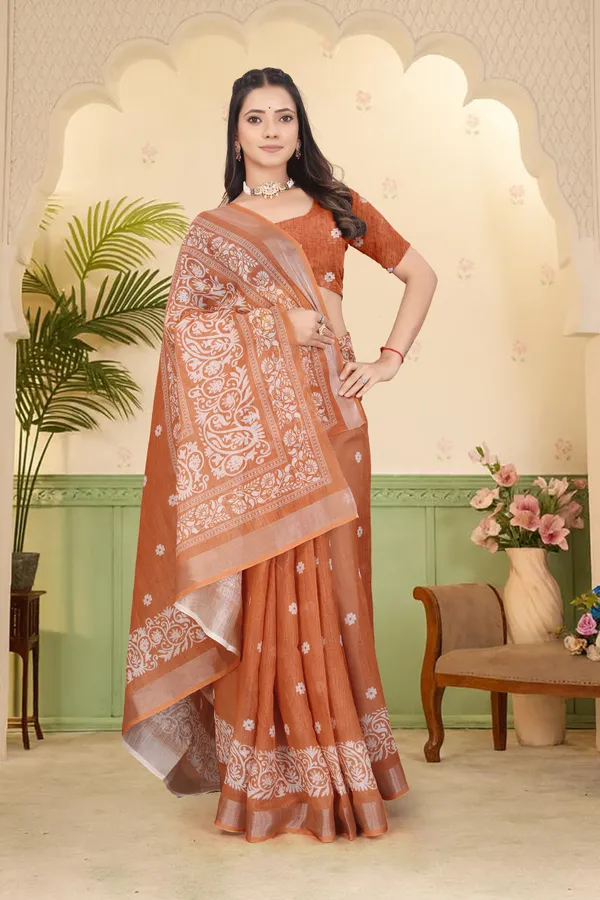 Orange_Cotton_Linen_Digital_Print_Saree_For_Women