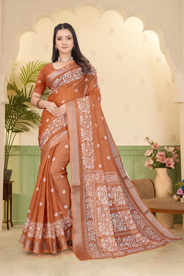 Orange_Cotton_Linen_Digital_Print_Saree_For_Women