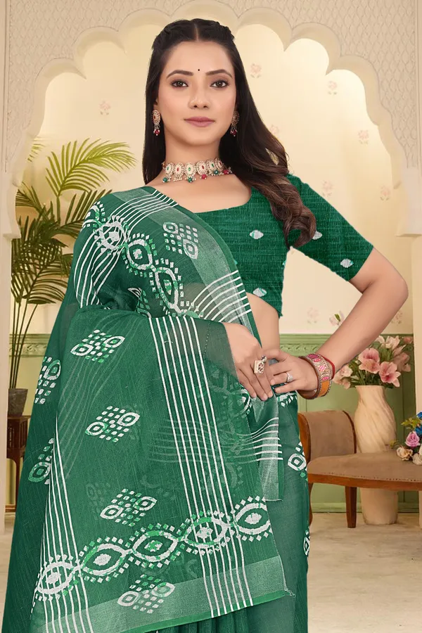 Dark_Green_Cotton_Linen_Digital_Print_Saree_For_Women
