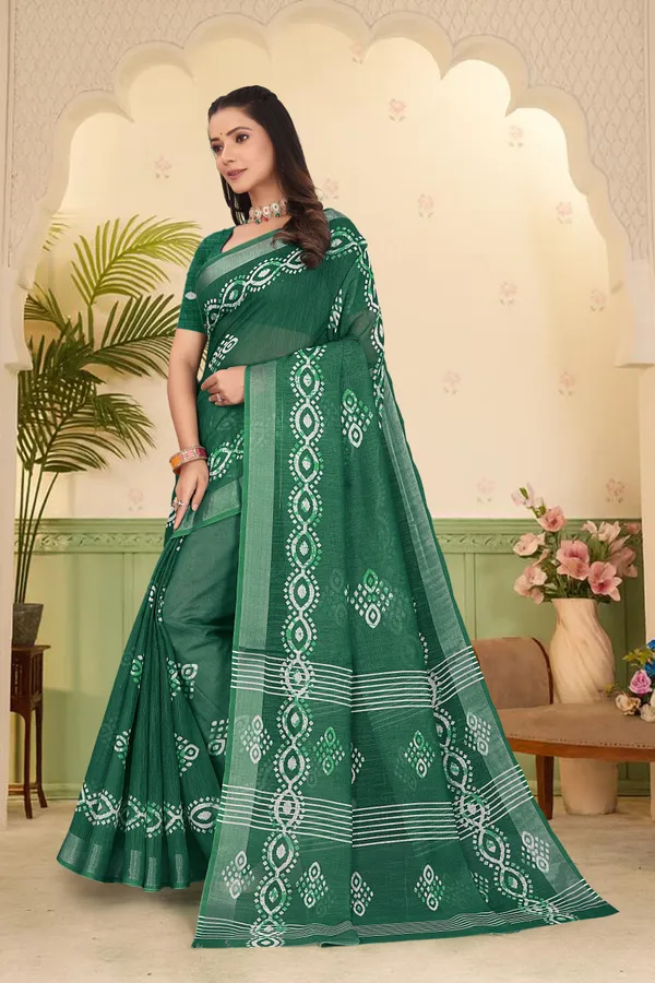 Dark_Green_Cotton_Linen_Digital_Print_Saree_For_Women