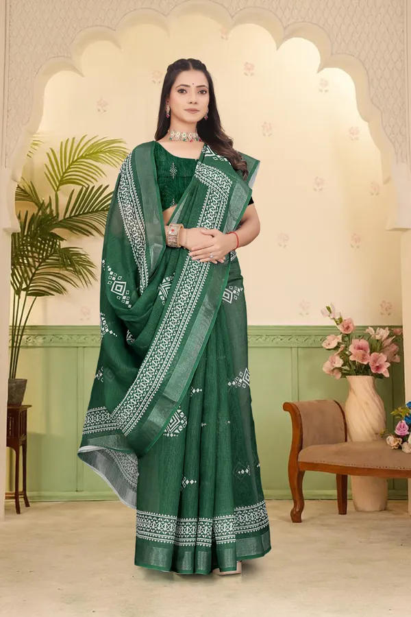 Dark_Green_Cotton_Linen_Digital_Print_Saree_For_Women
