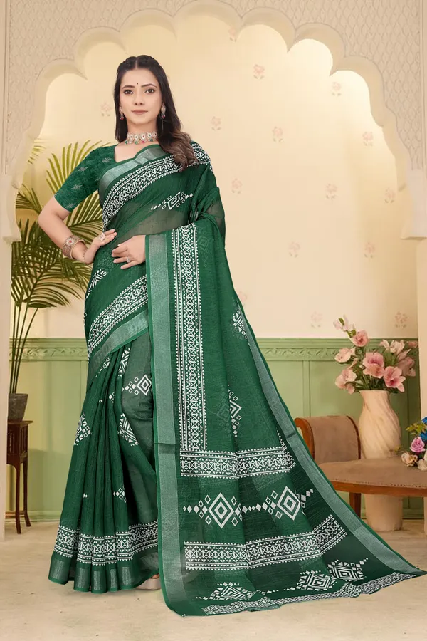 Dark_Green_Cotton_Linen_Digital_Print_Saree_For_Women