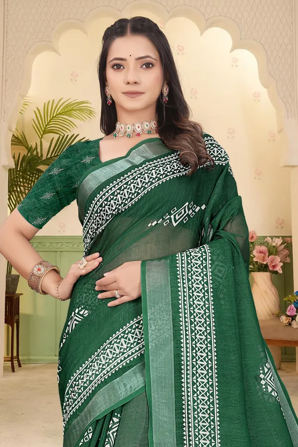 Dark_Green_Cotton_Linen_Digital_Print_Saree_For_Women