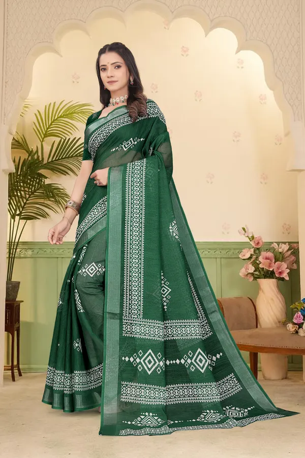 Dark_Green_Cotton_Linen_Digital_Print_Saree_For_Women