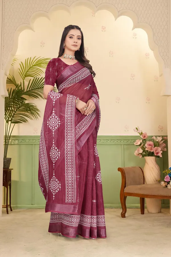 Maroon_Cotton_Linen_Digital_Print_Saree_For_Women