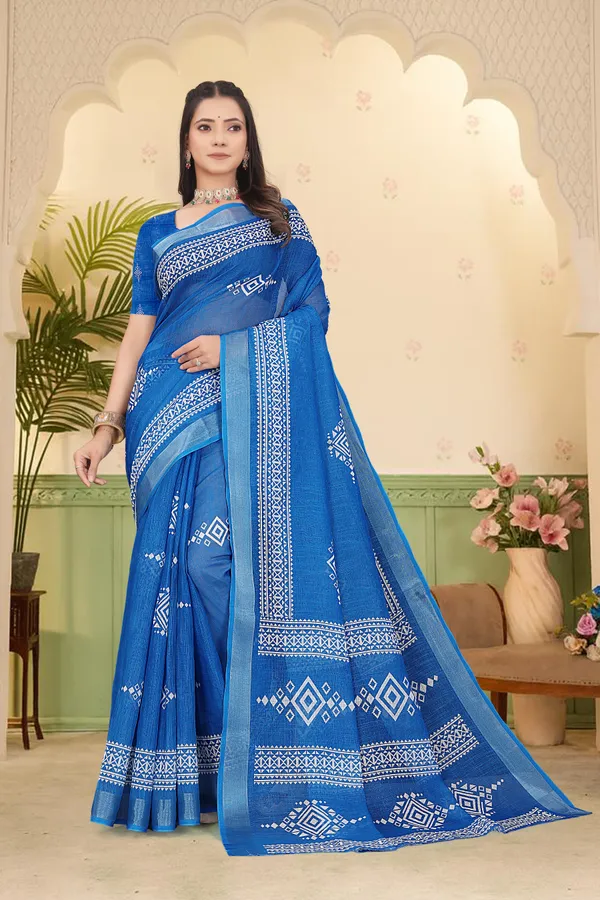 Blue_Cotton_Linen_Digital_Print_Saree_For_Women
