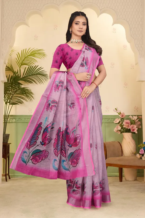 Pink_Cotton_Linen_Digital_Print_Saree_For_Women