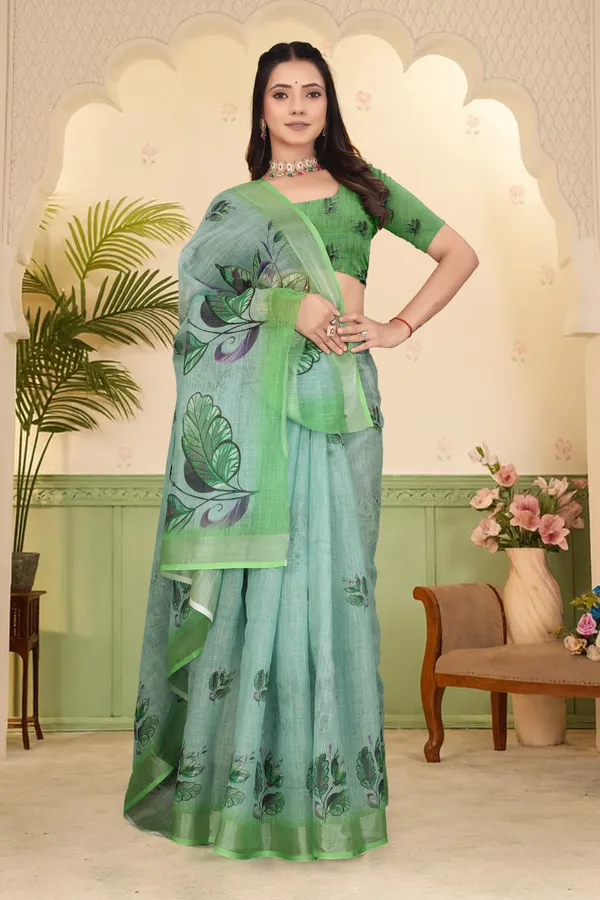 Green_Cotton_Linen_Digital_Print_Saree_For_Women