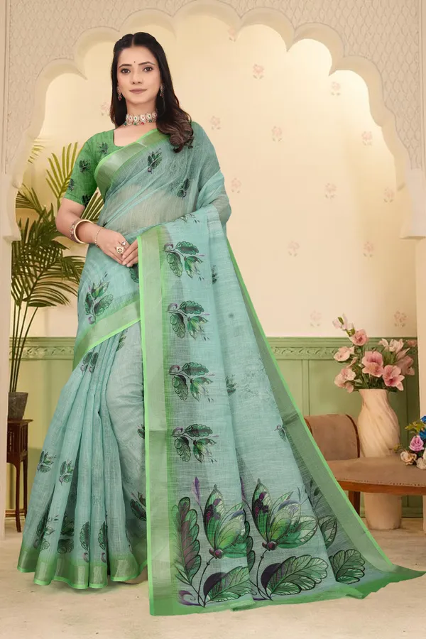 Green_Cotton_Linen_Digital_Print_Saree_For_Women