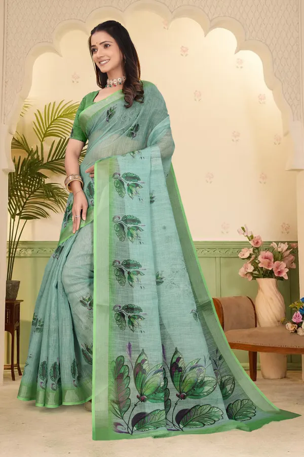 Green_Cotton_Linen_Digital_Print_Saree_For_Women
