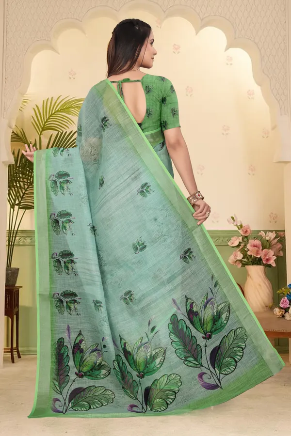 Green_Cotton_Linen_Digital_Print_Saree_For_Women