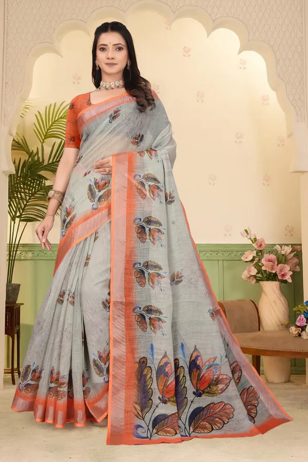 Orange_Cotton_Linen_Digital_Print_Saree_For_Women