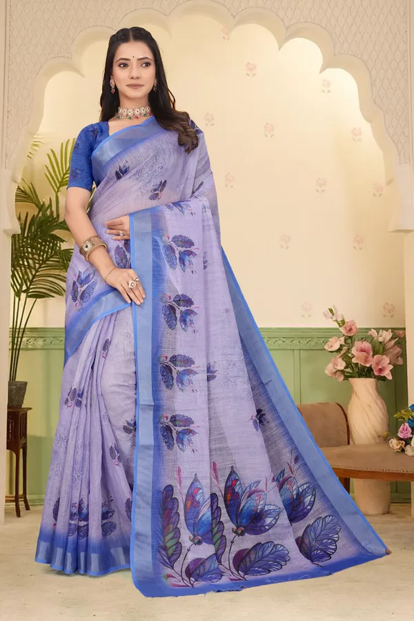Blue_Cotton_Linen_Digital_Print_Saree_For_Women