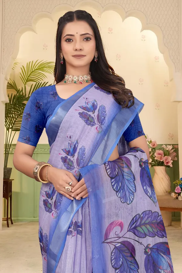 Blue_Cotton_Linen_Digital_Print_Saree_For_Women