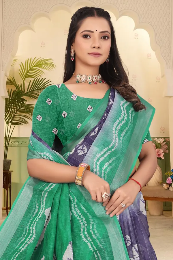 Dark_Green_Cotton_Linen_Digital_Print_Saree_For_Women
