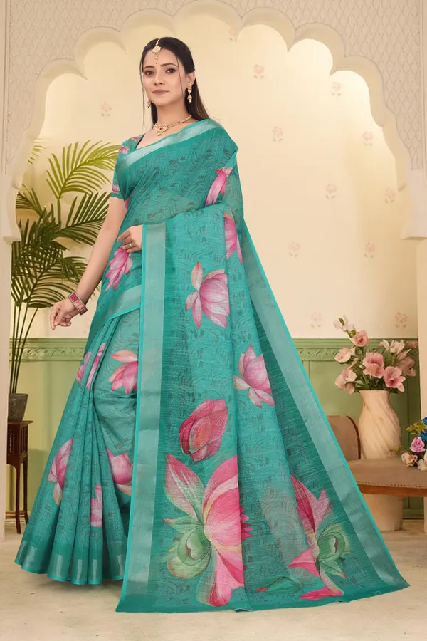 Dark_Green_Cotton_Linen_Digital_Print_Saree_For_Women
