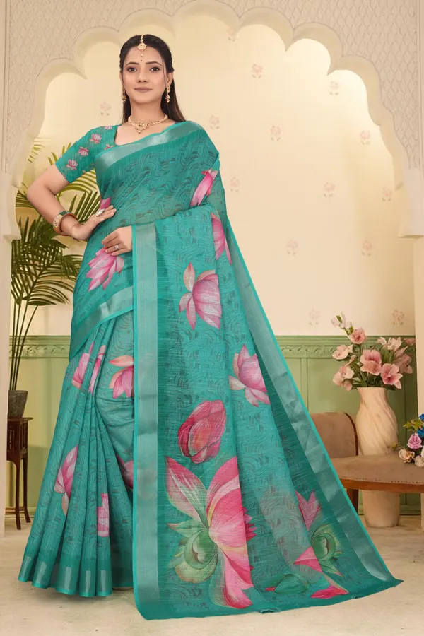 Dark_Green_Cotton_Linen_Digital_Print_Saree_For_Women