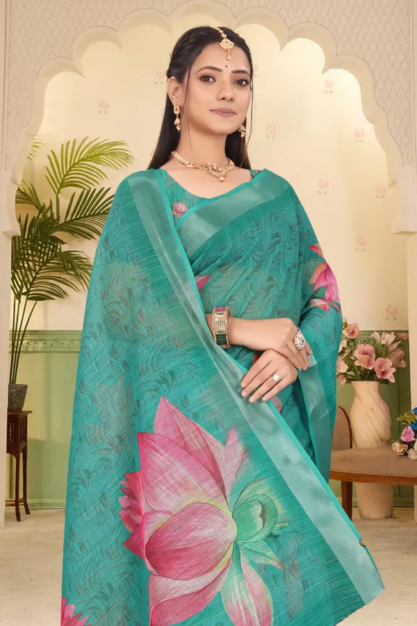 Dark_Green_Cotton_Linen_Digital_Print_Saree_For_Women