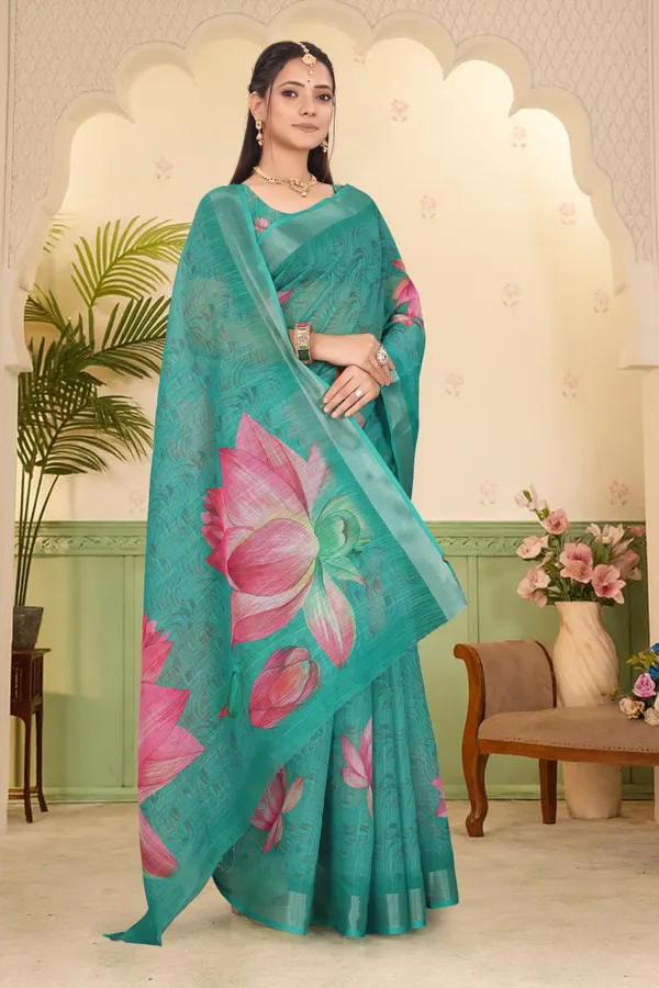 Dark_Green_Cotton_Linen_Digital_Print_Saree_For_Women