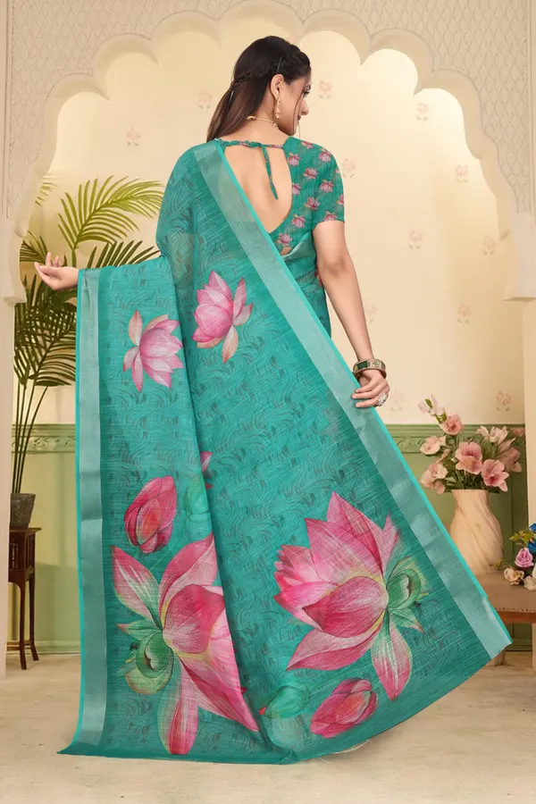 Dark_Green_Cotton_Linen_Digital_Print_Saree_For_Women