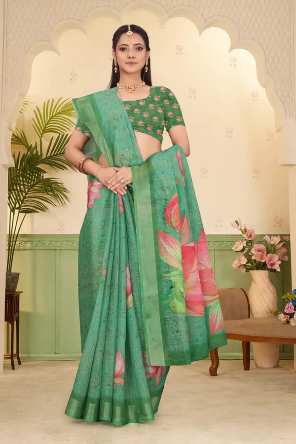 Green_Cotton_Linen_Digital_Print_Saree_For_Women