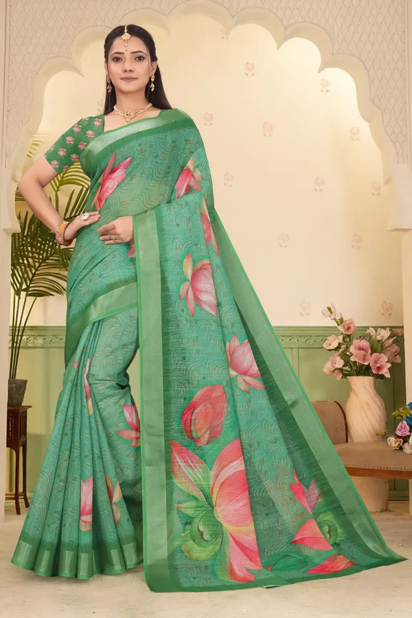 Green_Cotton_Linen_Digital_Print_Saree_For_Women