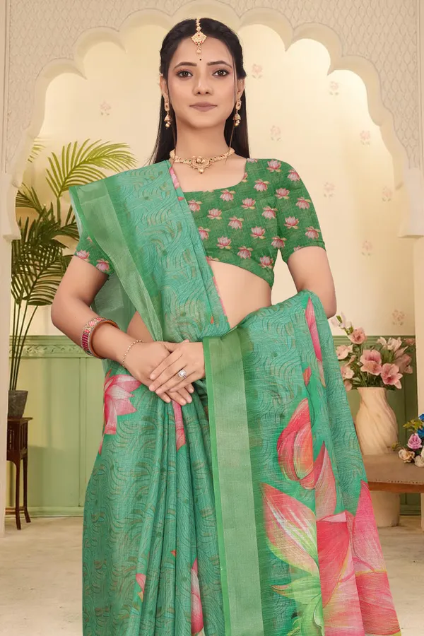 Green_Cotton_Linen_Digital_Print_Saree_For_Women