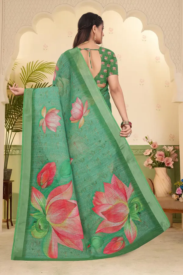 Green_Cotton_Linen_Digital_Print_Saree_For_Women