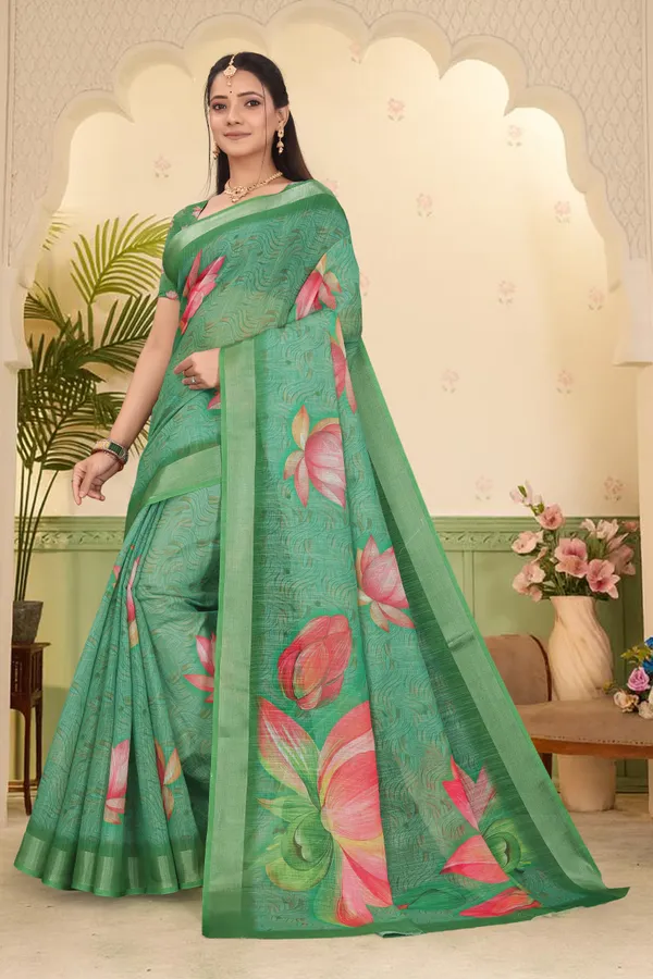 Green_Cotton_Linen_Digital_Print_Saree_For_Women