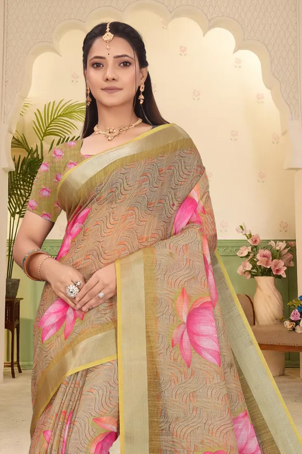 Gold_Cotton_Linen_Digital_Print_Saree_For_Women