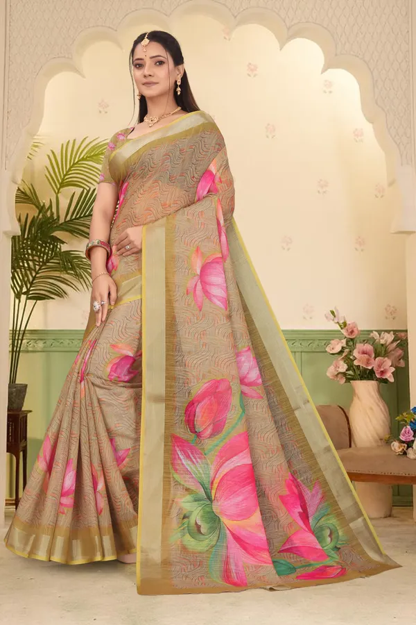 Gold_Cotton_Linen_Digital_Print_Saree_For_Women