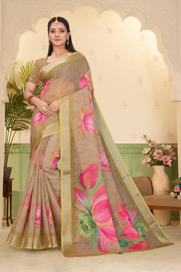 Gold_Cotton_Linen_Digital_Print_Saree_For_Women