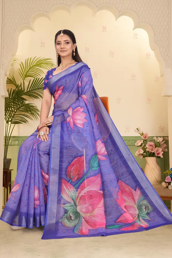 Blue_Cotton_Linen_Digital_Print_Saree_For_Women