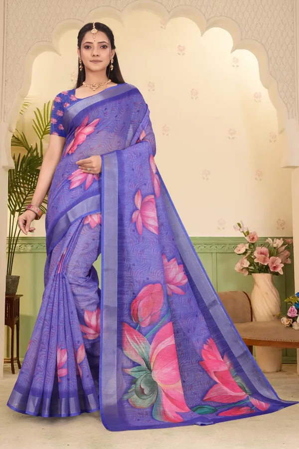Blue_Cotton_Linen_Digital_Print_Saree_For_Women