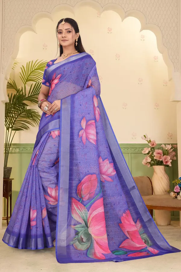 Blue_Cotton_Linen_Digital_Print_Saree_For_Women