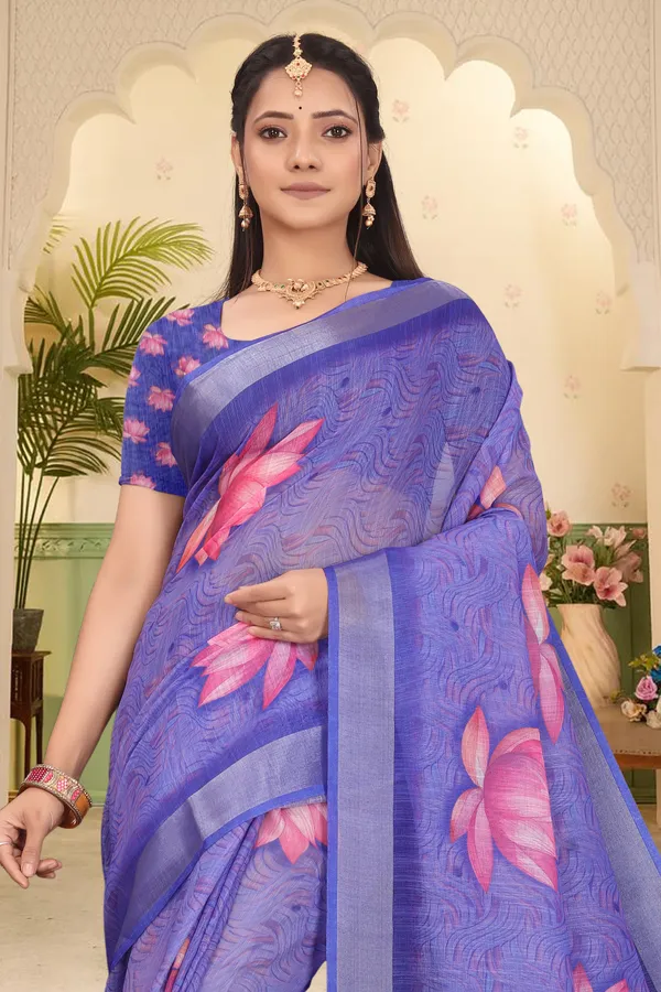 Blue_Cotton_Linen_Digital_Print_Saree_For_Women