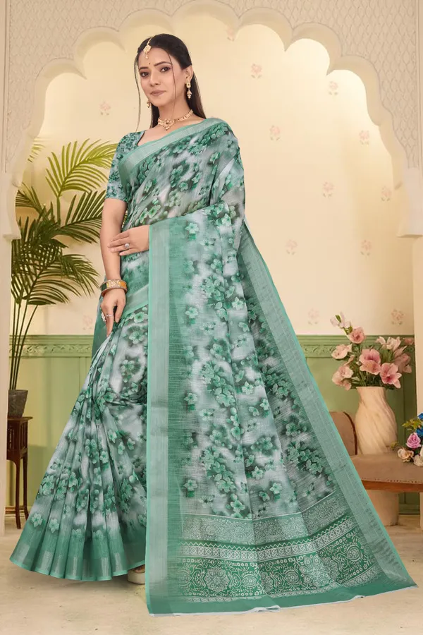 Dark_Green_Cotton_Linen_Digital_Print_Saree_For_Women