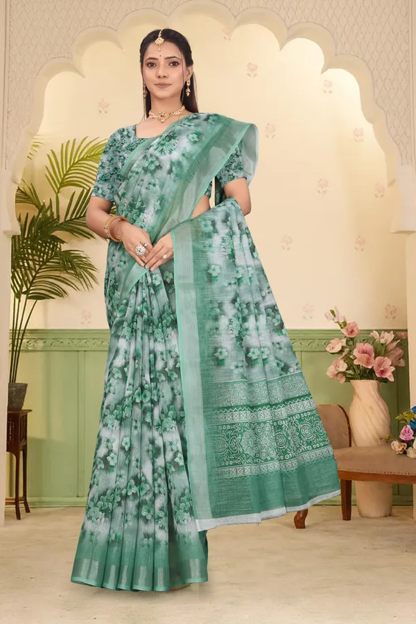 Dark_Green_Cotton_Linen_Digital_Print_Saree_For_Women