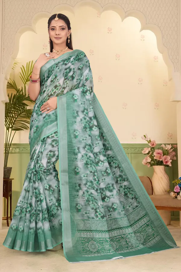 Dark_Green_Cotton_Linen_Digital_Print_Saree_For_Women