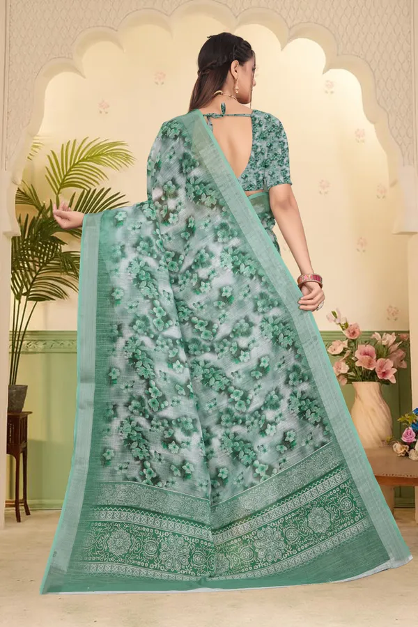 Dark_Green_Cotton_Linen_Digital_Print_Saree_For_Women