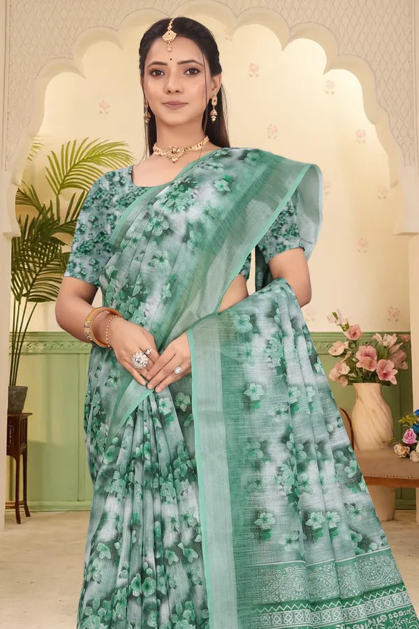 Dark_Green_Cotton_Linen_Digital_Print_Saree_For_Women