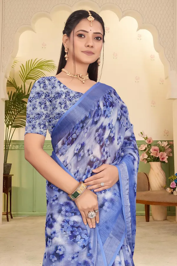 Blue_Cotton_Linen_Digital_Print_Saree_For_Women
