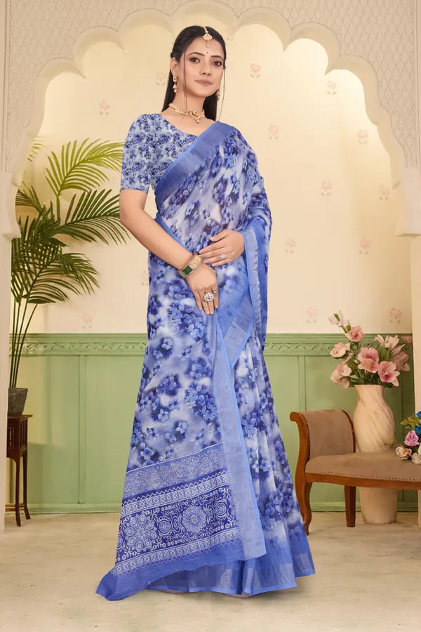 Blue_Cotton_Linen_Digital_Print_Saree_For_Women