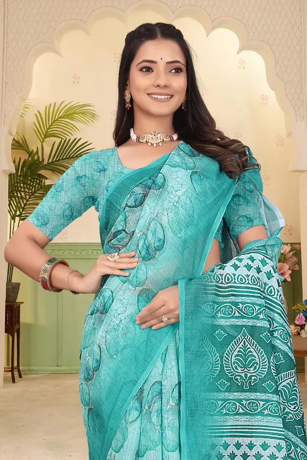 Dark_Green_Cotton_Linen_Digital_Print_Saree_For_Women