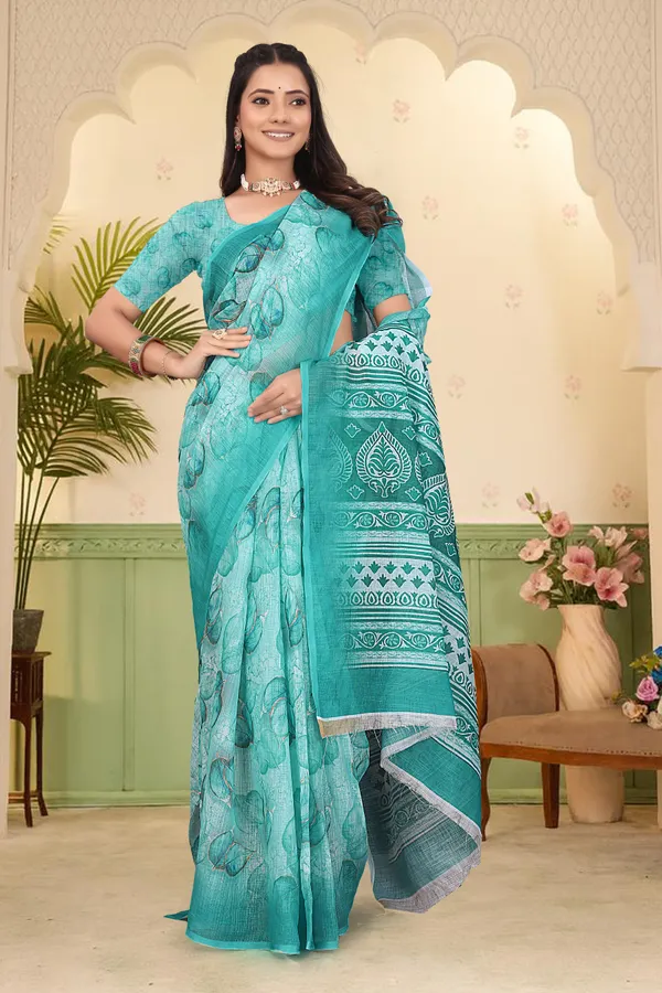 Dark_Green_Cotton_Linen_Digital_Print_Saree_For_Women