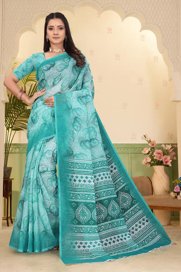 Dark_Green_Cotton_Linen_Digital_Print_Saree_For_Women